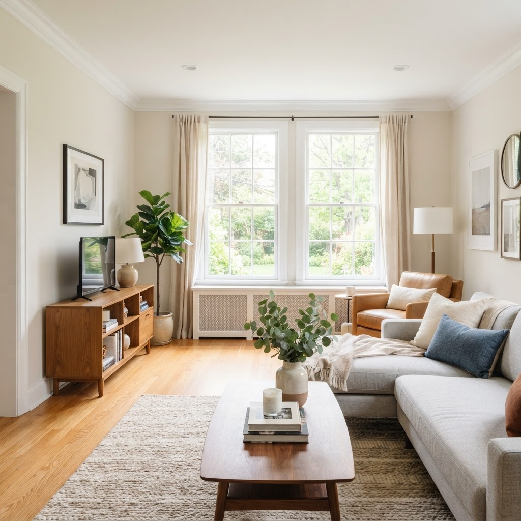 Freshly painted bright living room with clean white trim