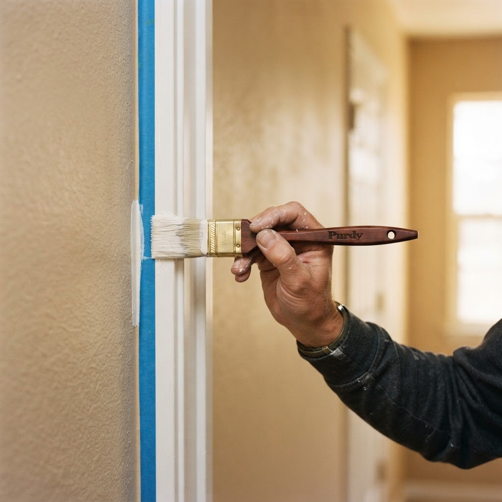 Professional painter cutting a clean line where the wall meets white trim